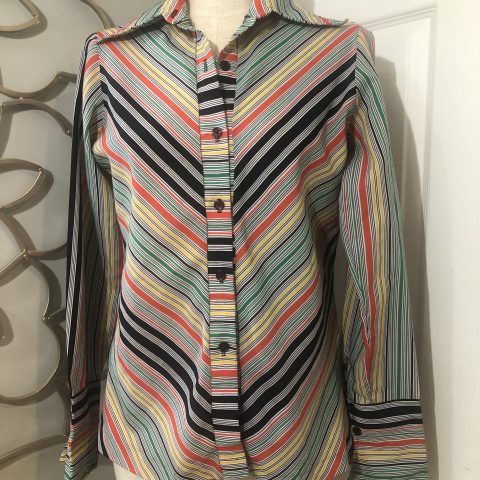 Primary Color Striped Collared Button Up Blouse
